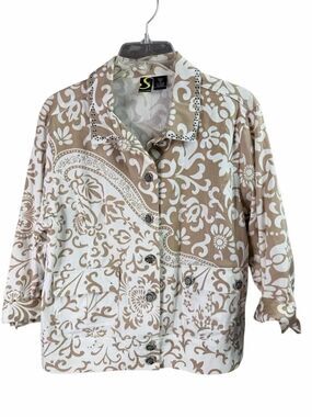 Spartelle Medium Cotton Button Front Blouse Jacket Paisley Floral Tan FLAWED